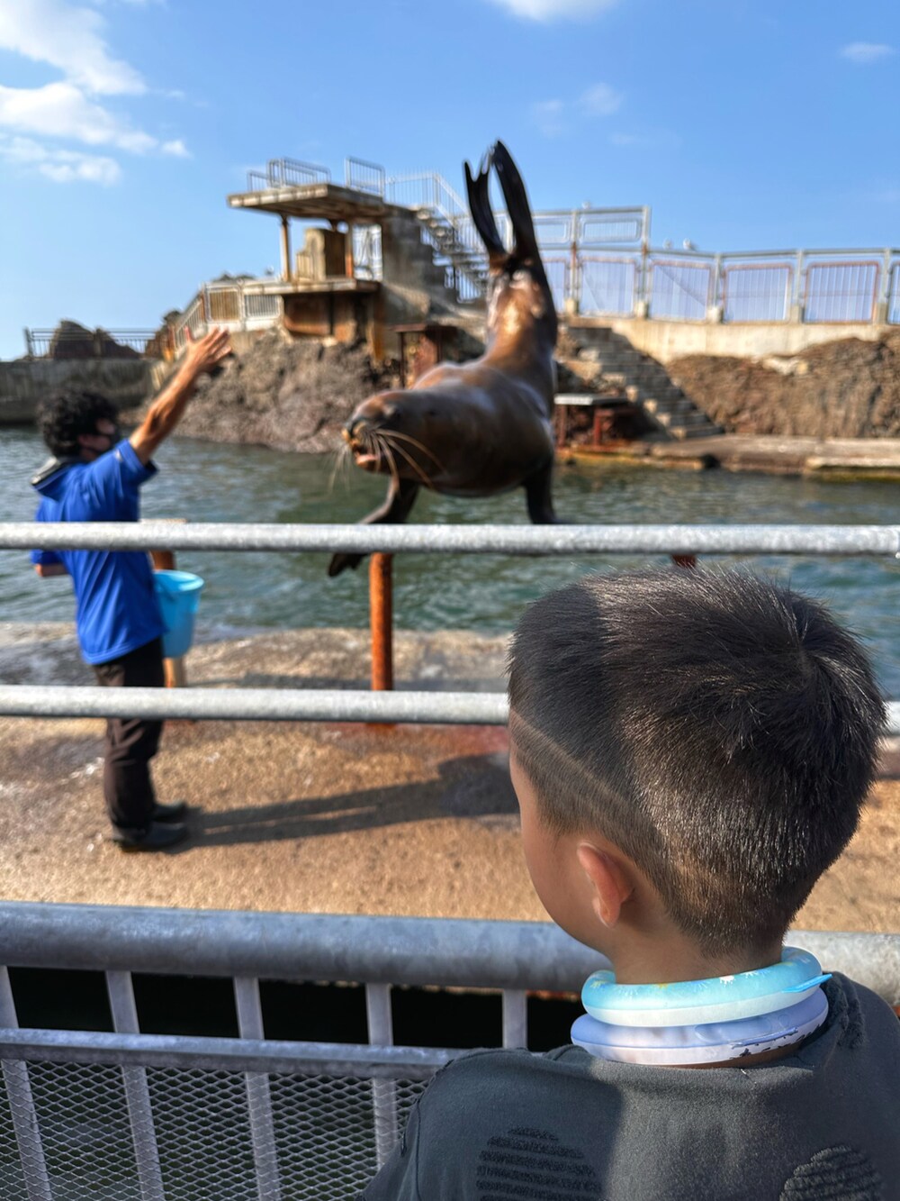 グレー系のTシャツ/カットソー、ベージュ系のその他パンツ、ブラック系のスニーカーを着用したキッズの秋コーディネートの5枚目の写真