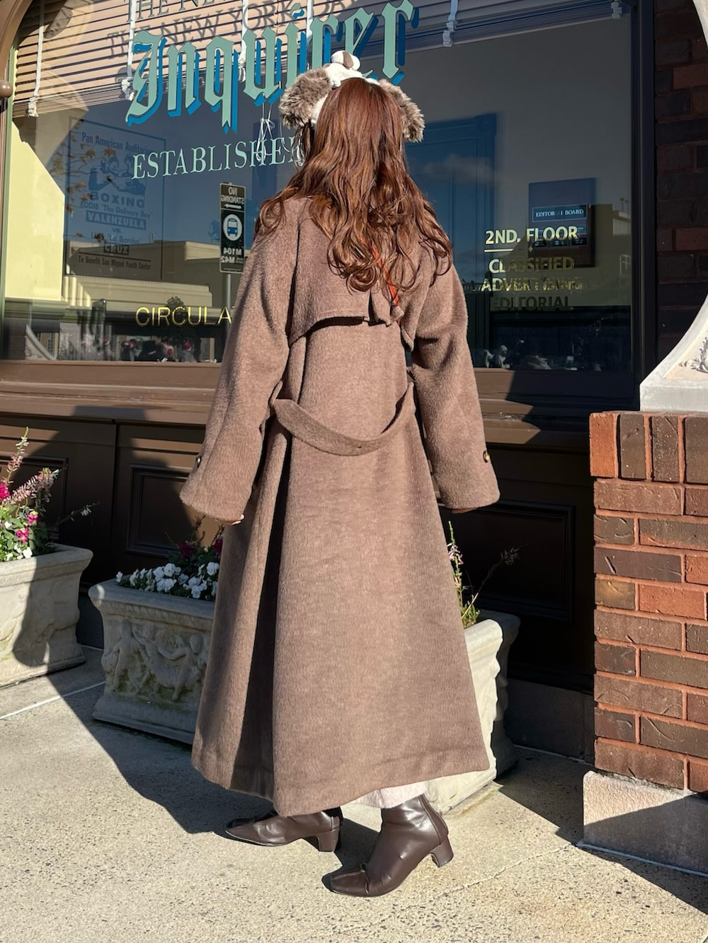 「今日のコスメと服、冬コーデ、ワンピース、ロングワンピース、ニットワンピース、ロングコート、冬アウター、ユニバ、テーマパーク、USJ、ニット、デートスタイル（WOMEN）、冬服、お出かけコーデ、大人女子」｜「Hollisのアイテム（ジャケット/アウター、ブラウン系）」を使った、Harukaさん（レディース・158cm）の冬コーディネートの4枚目の写真