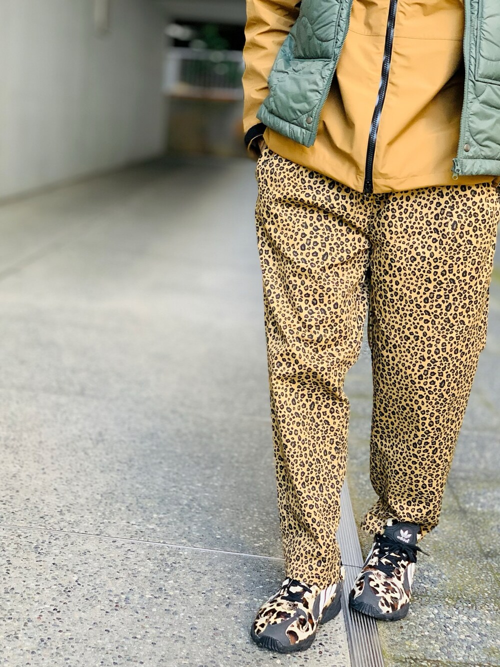 「大人カジュアル、マウンテンパーカー、シェフパンツ、インナーダウン、ミリタリー、ミリタリージャケット、レオパード柄、ストリートMIX、迷彩、NUMBER (N)INE」｜「NUMBER (N)INEのMOUNTAIN PARKA / マウンテンパーカー（マウンテンパーカー、ブラウン系）」を使った、TETUさん（メンズ・174cm）の冬コーディネートの3枚目の写真