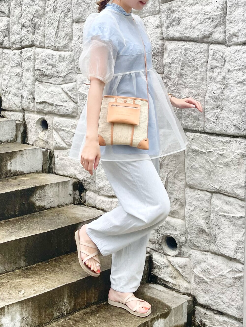 ブルー系のデニムパンツ、その他のシャツ/ブラウス、ベージュ系のショルダーバッグを着用したレディースの夏コーディネートの2枚目の写真