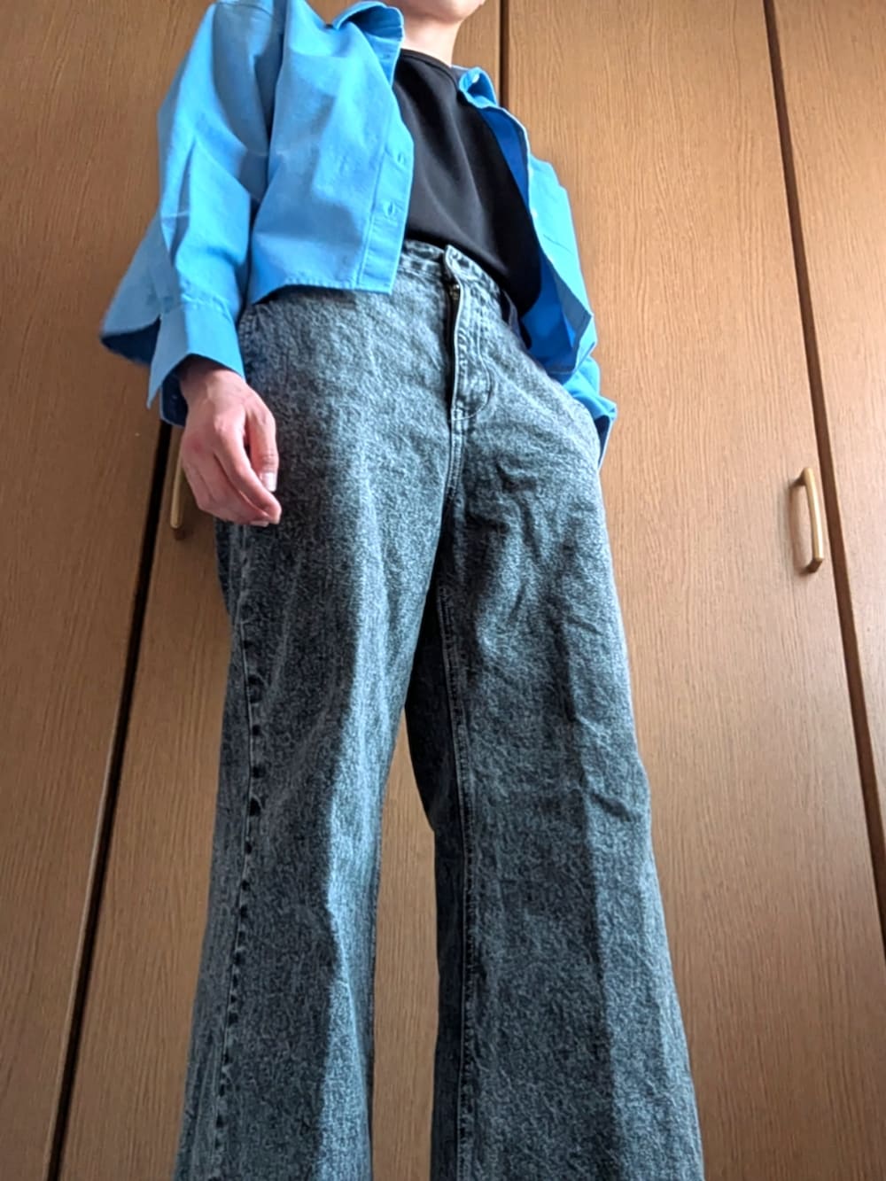 ブラック系のデニムパンツ、ブルー系のシャツ/ブラウス、ブラック系のタンクトップを着用したメンズの春コーディネートの2枚目の写真