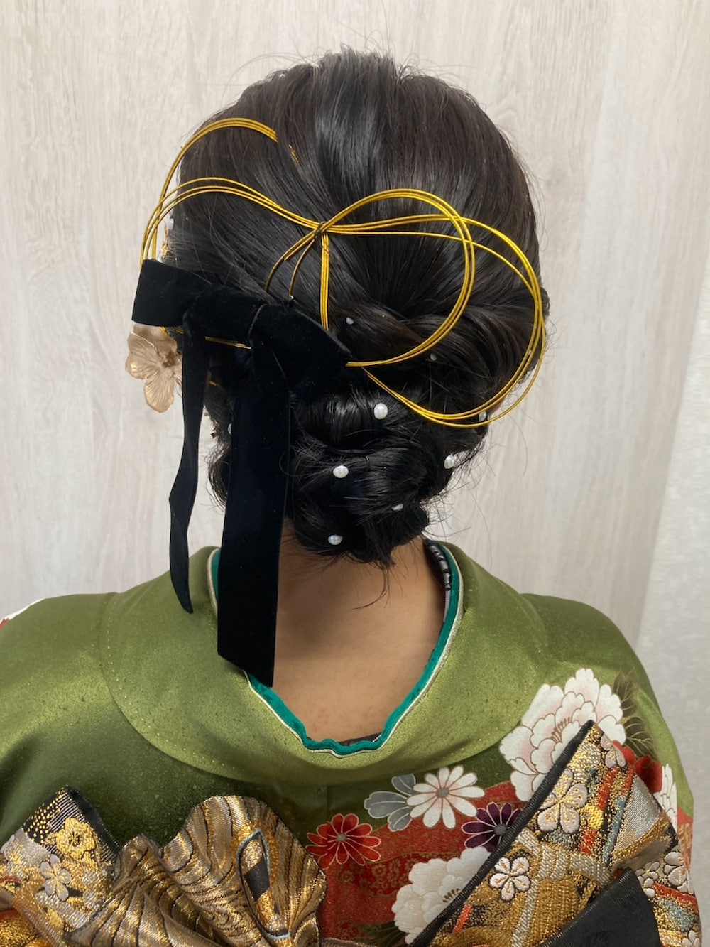 「utataneの髪飾り 6点セット ベルベットリボン＆水引＆パール＆ゴールドアクセ（和装小物、ブラック系）」を使った、𝗥𝗮𝗶さん（レディース・149cm）の夏コーディネートの2枚目の写真