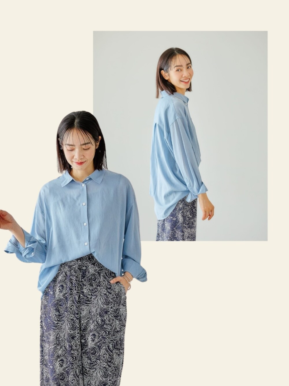 ブルー系のシャツ/ブラウスを着用したレディースの夏コーディネートの2枚目の写真