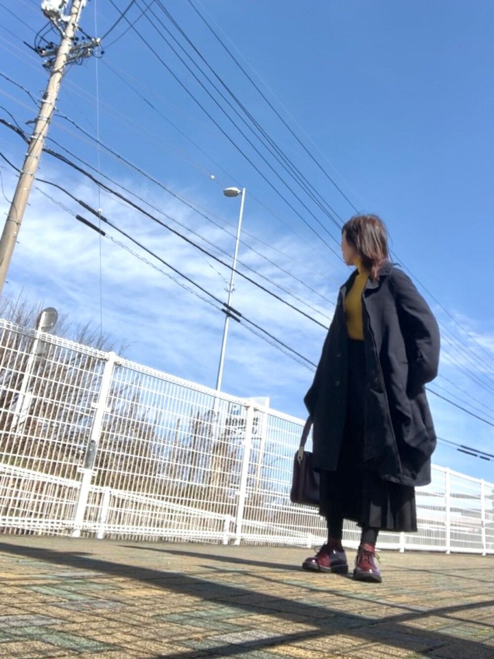 ブラック系のジャケット/アウター、ブラック系のスカート、ブラウン系のドレスシューズを着用したレディースの春コーディネートの3枚目の写真