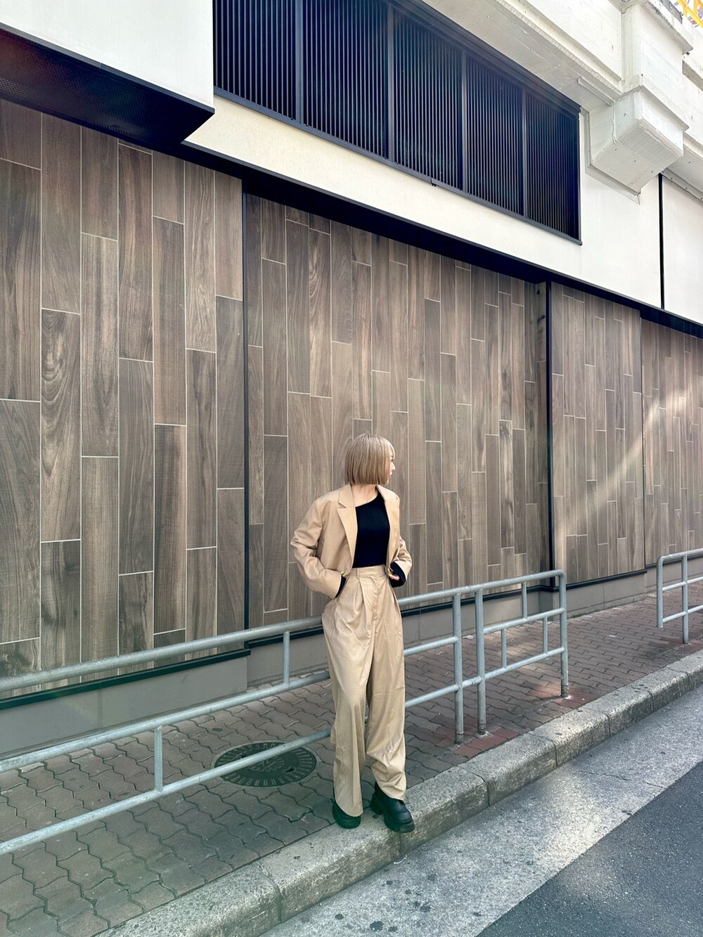 ブラック系のニット/セーター、ベージュ系のその他パンツ、ベージュ系のテーラードジャケットを着用したレディースの冬コーディネートの2枚目の写真