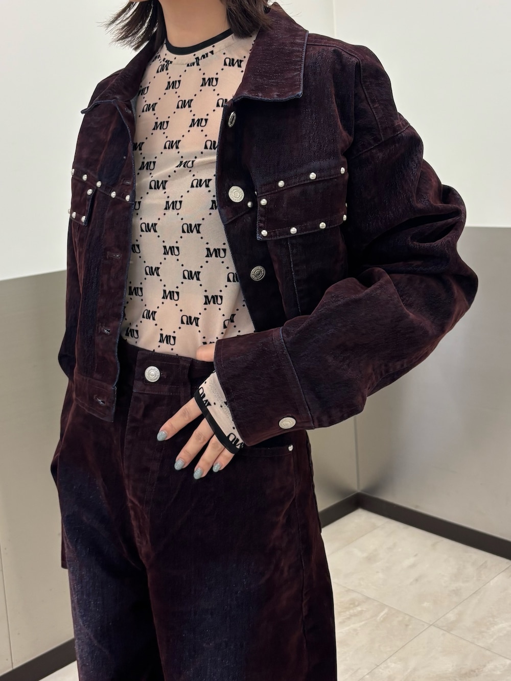 MURUAワインレッドデニムジャケット ムルーア MURUA フロッキーデニム