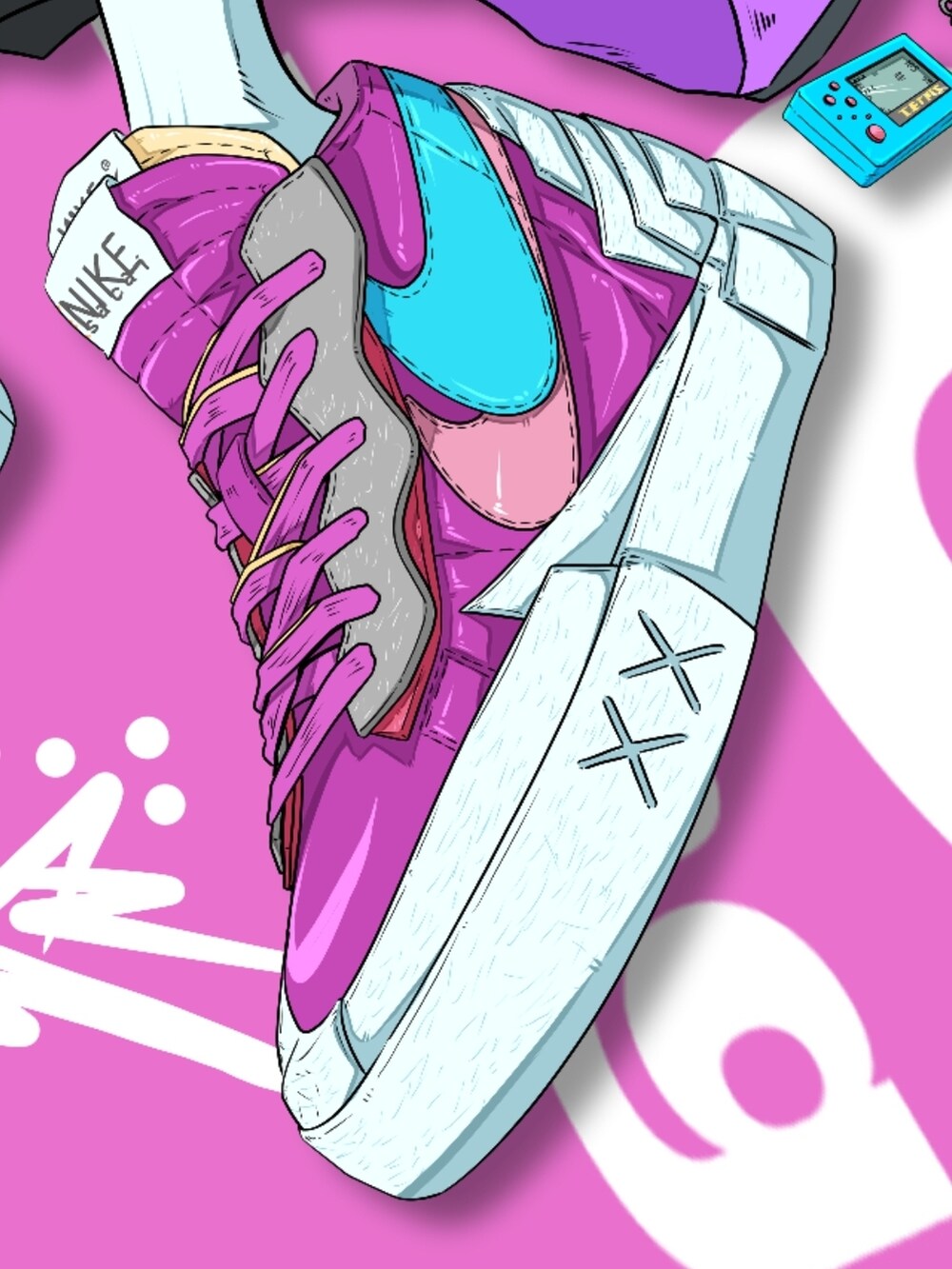 パープル系のスニーカー、パープル系のスニーカー、ベージュ系のTシャツ/カットソーを着用したレディースの夏コーディネートの2枚目の写真