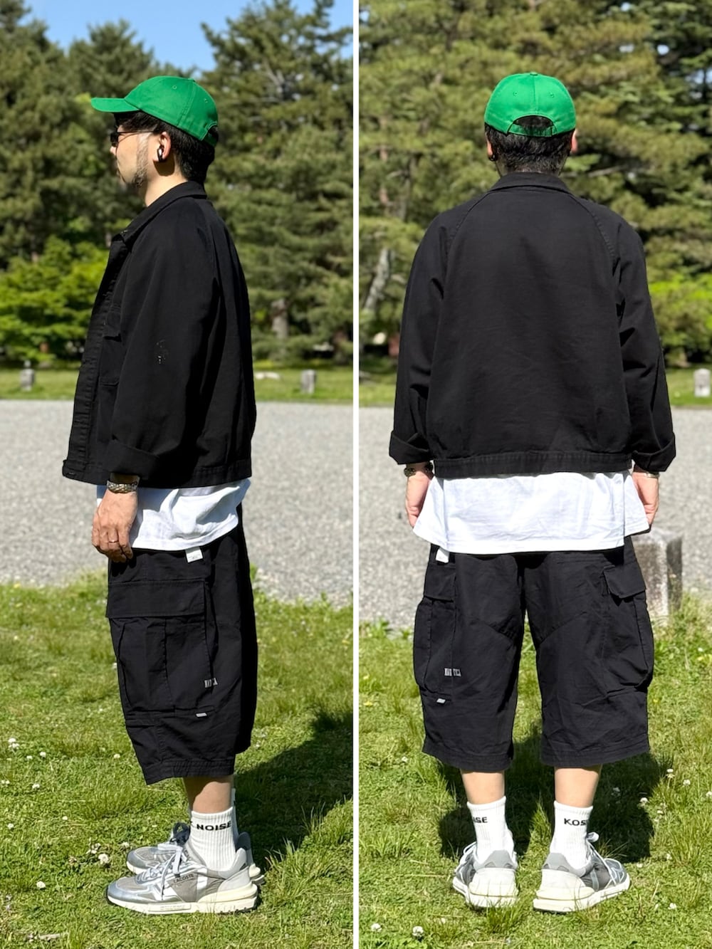 ブラック系のその他パンツ、ホワイト系のTシャツ/カットソー、グレー系のスニーカーを着用したメンズの春コーディネートの2枚目の写真