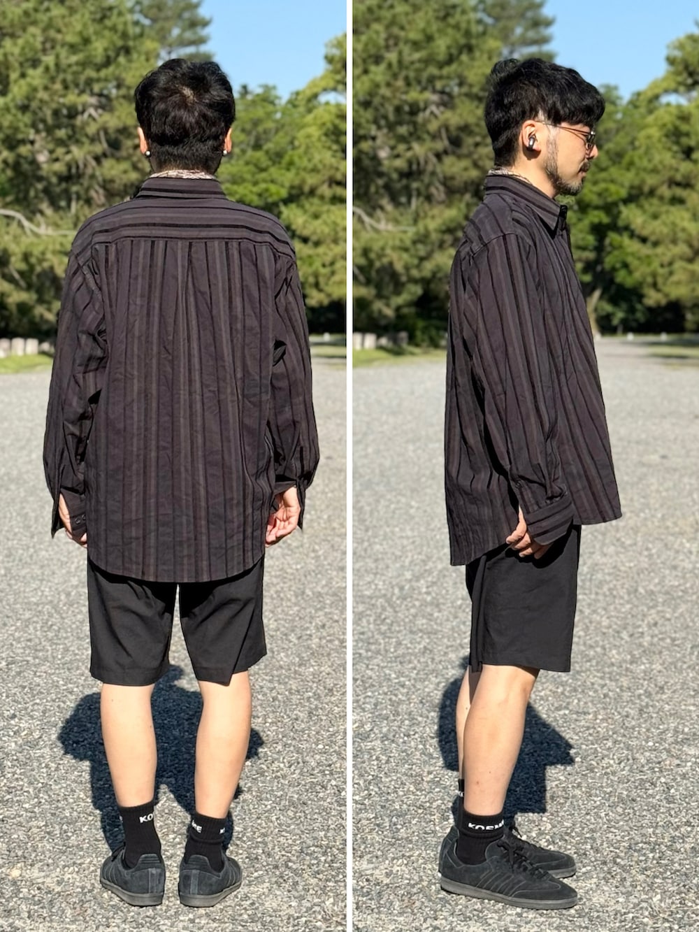 ブラック系のスニーカー、ブラック系のパンツを着用したメンズの夏コーディネートの2枚目の写真