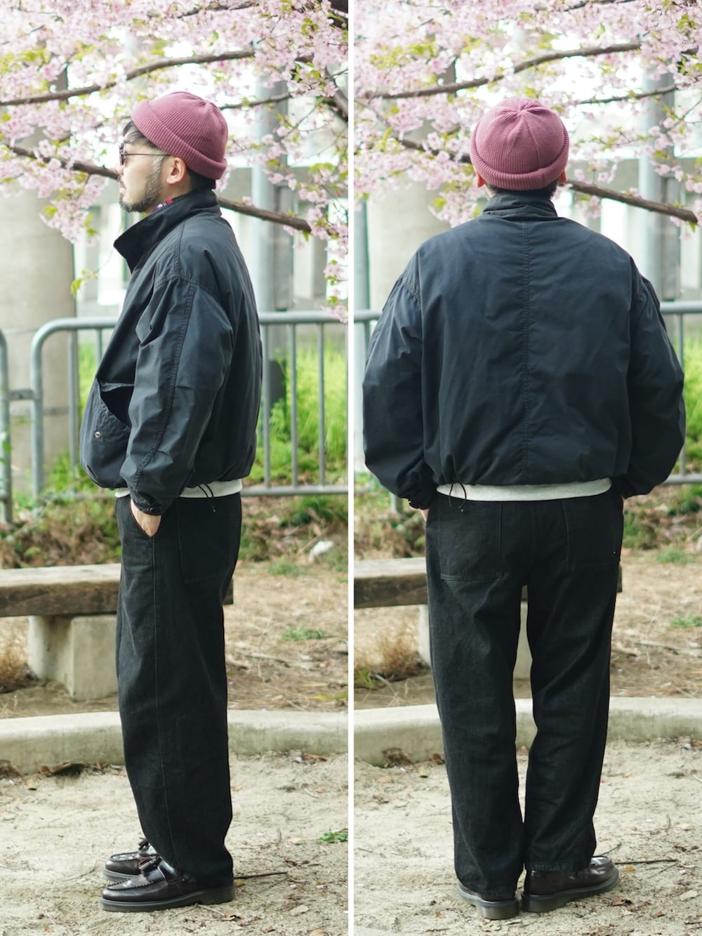 ブラック系のモッズコート、レッド系のローファー、ブラック系のデニムパンツを着用したメンズの春コーディネートの2枚目の写真