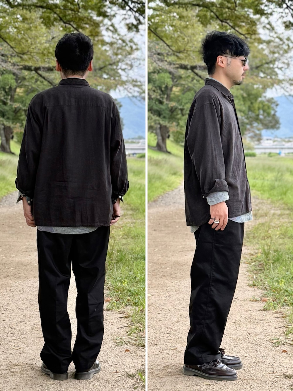 ブラック系のチノパンツ、ブラック系のシャツ/ブラウス、レッド系のローファーを着用したメンズの秋コーディネートの2枚目の写真