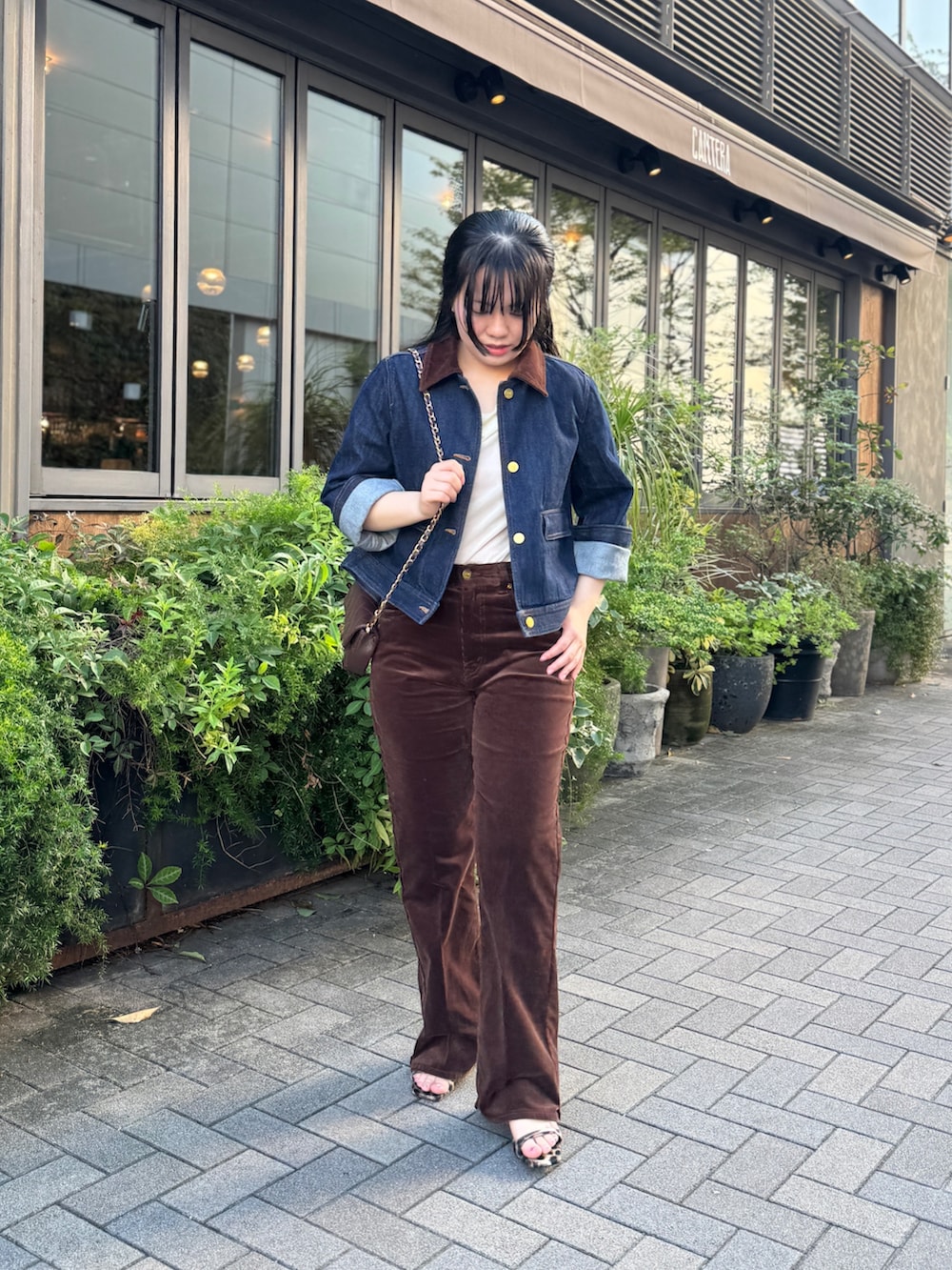 ホワイト系のTシャツ/カットソー、ブルー系のデニムジャケット、ブラウン系のショルダーバッグを着用したレディースの夏コーディネートの2枚目の写真