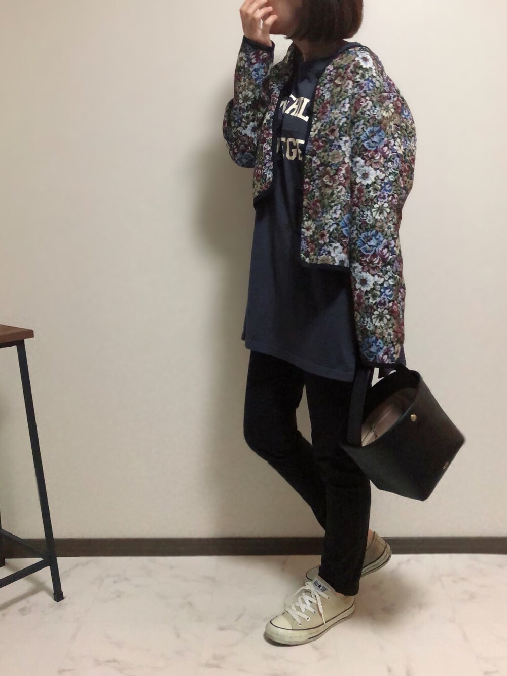 「ジャケット、ゴブラン、大人カジュアル、クリスプ、秋コーデ、chiiiibag、アプレトロ、apretro、Crisp yours」|「ap retroのゴブランノーカラージャケット【ZOZOTOWN限定商品】(ノーカラージャケット、ブラック系)」を使った、uaさん(レディース・153cm)の秋コーディネートの2枚目の写真