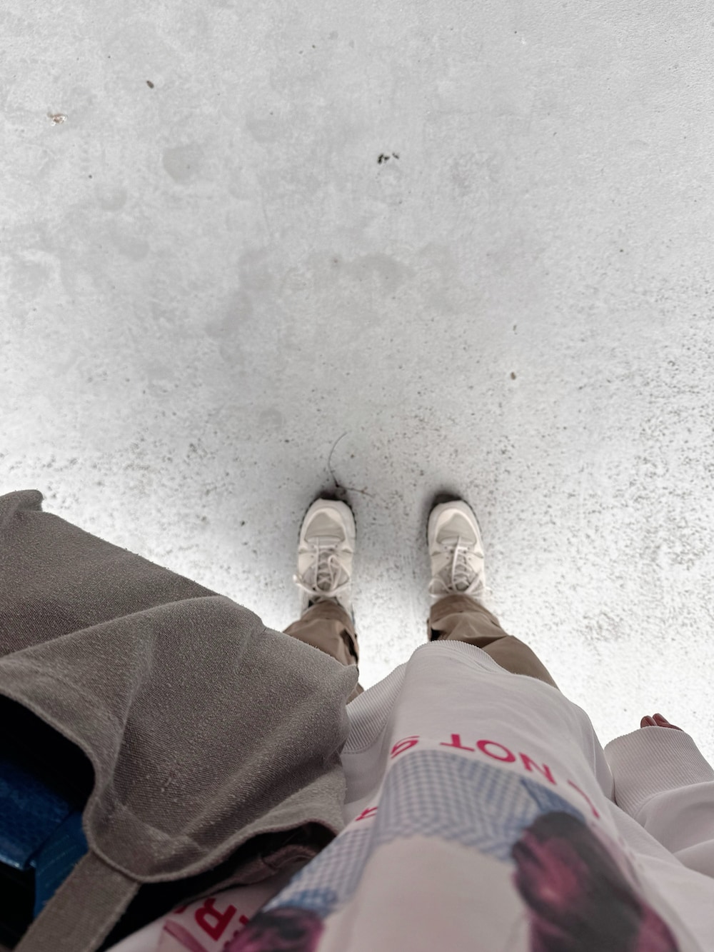 ホワイト系のシューズ、ブラウン系のその他パンツ、グレー系のバッグを着用したレディースの秋コーディネートの2枚目の写真