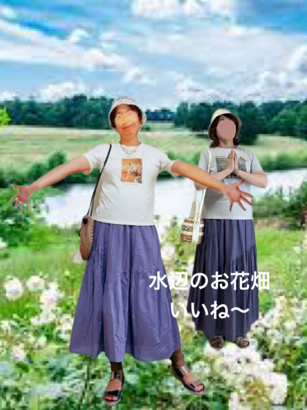 パープル系のスカート、ブルー系のTシャツ/カットソー、ホワイト系のTシャツ/カットソーを着用したレディースの夏コーディネートの2枚目の写真