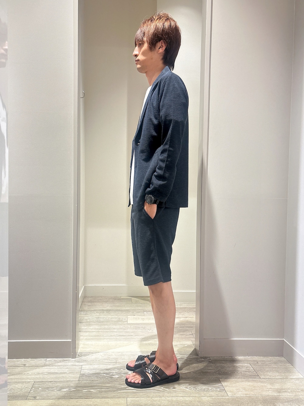「ABAHOUSE GRAYの【サマーニット】バーズアイ ショールカラー ジャケット / ニットジャケット（ブルゾン、ブルー系）」を使った、★たか★さん（メンズ・178cm）の夏コーディネートの2枚目の写真