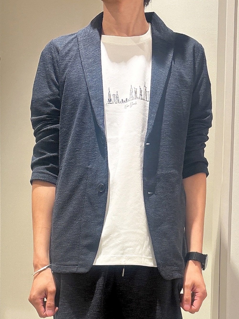 「ABAHOUSE GRAYの【サマーニット】バーズアイ ショールカラー ジャケット / ニットジャケット（ブルゾン、ブルー系）」を使った、★たか★さん（メンズ・178cm）の夏コーディネートの4枚目の写真