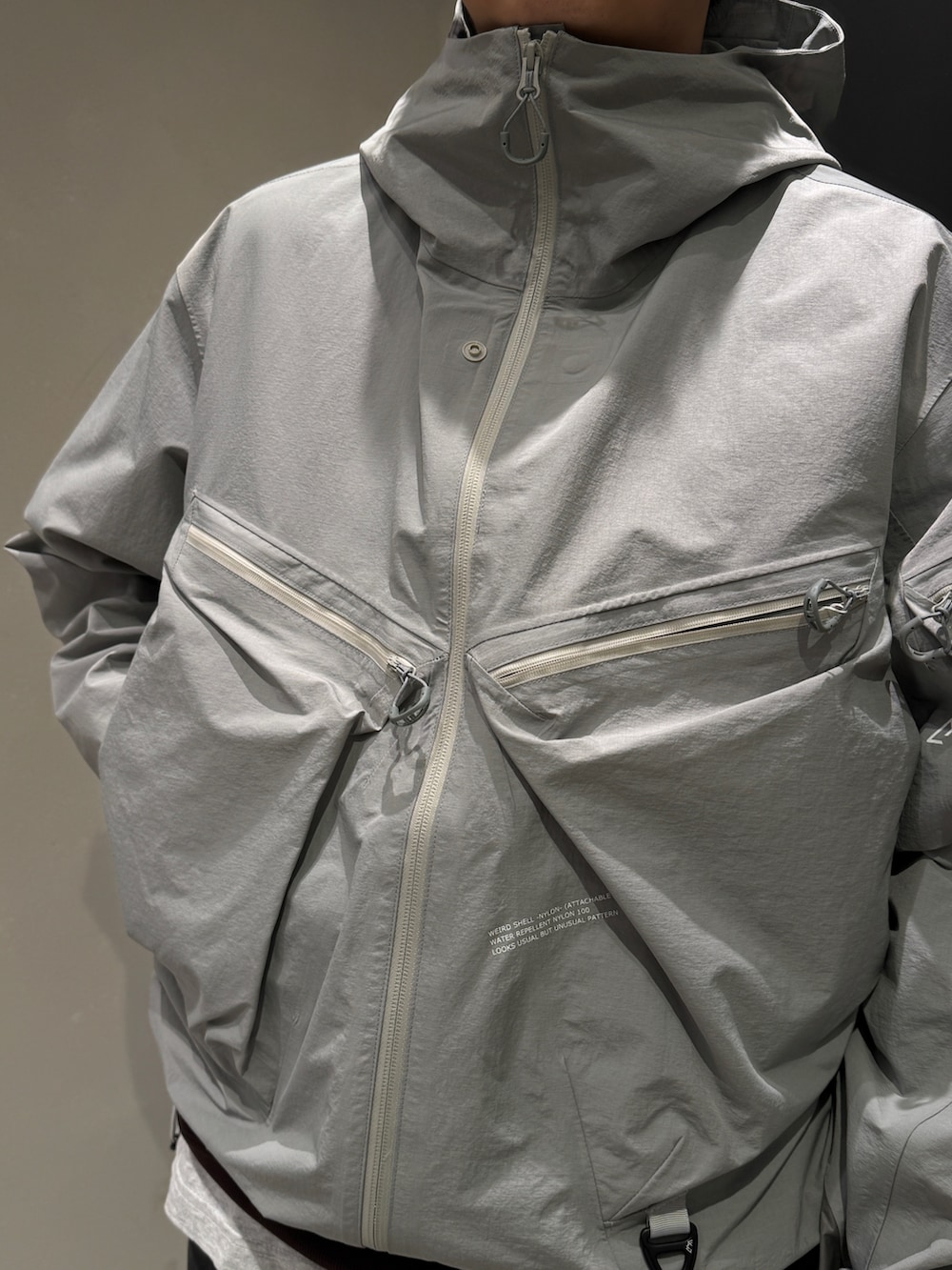 グレー系のマウンテンパーカーを着用したメンズの冬コーディネートの3枚目の写真