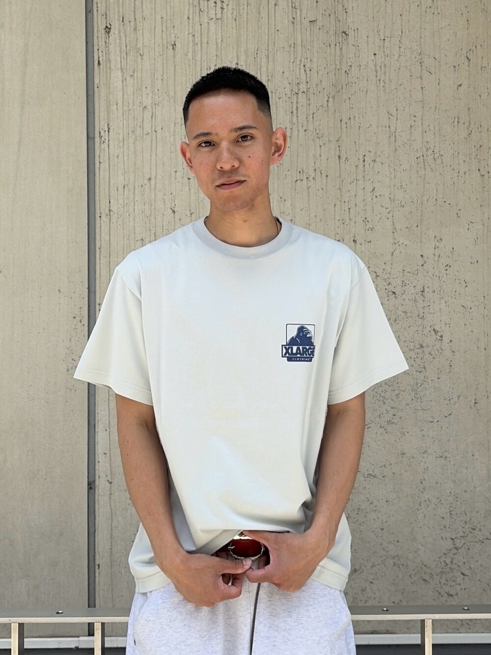 グレー系のTシャツ/カットソー、グレー系のスウェットパンツを着用したメンズの夏コーディネートの5枚目の写真
