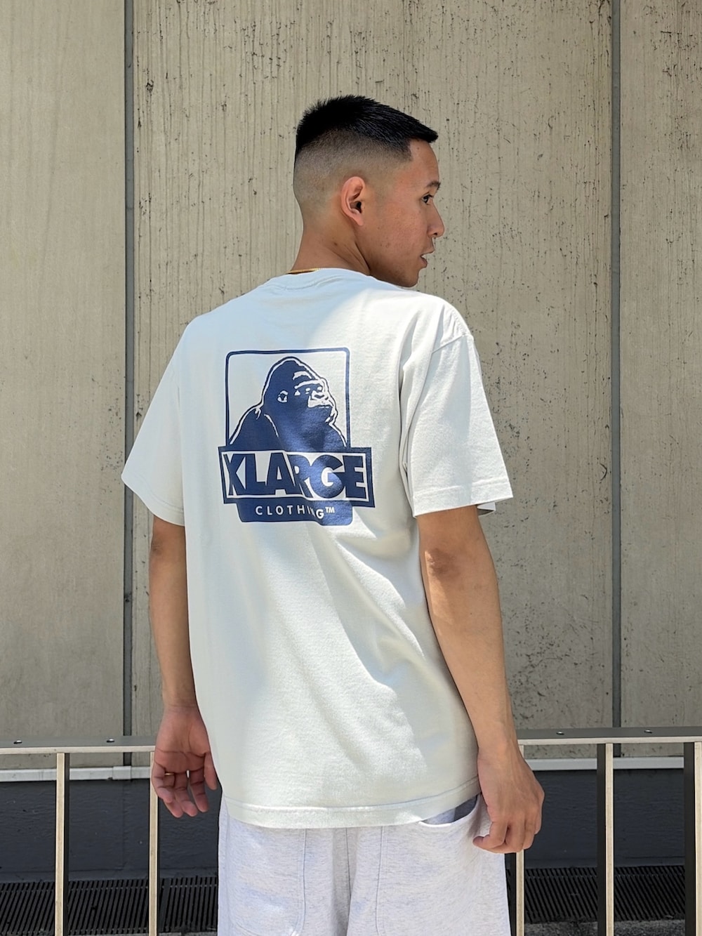 グレー系のTシャツ/カットソー、グレー系のスウェットパンツを着用したメンズの夏コーディネートの7枚目の写真