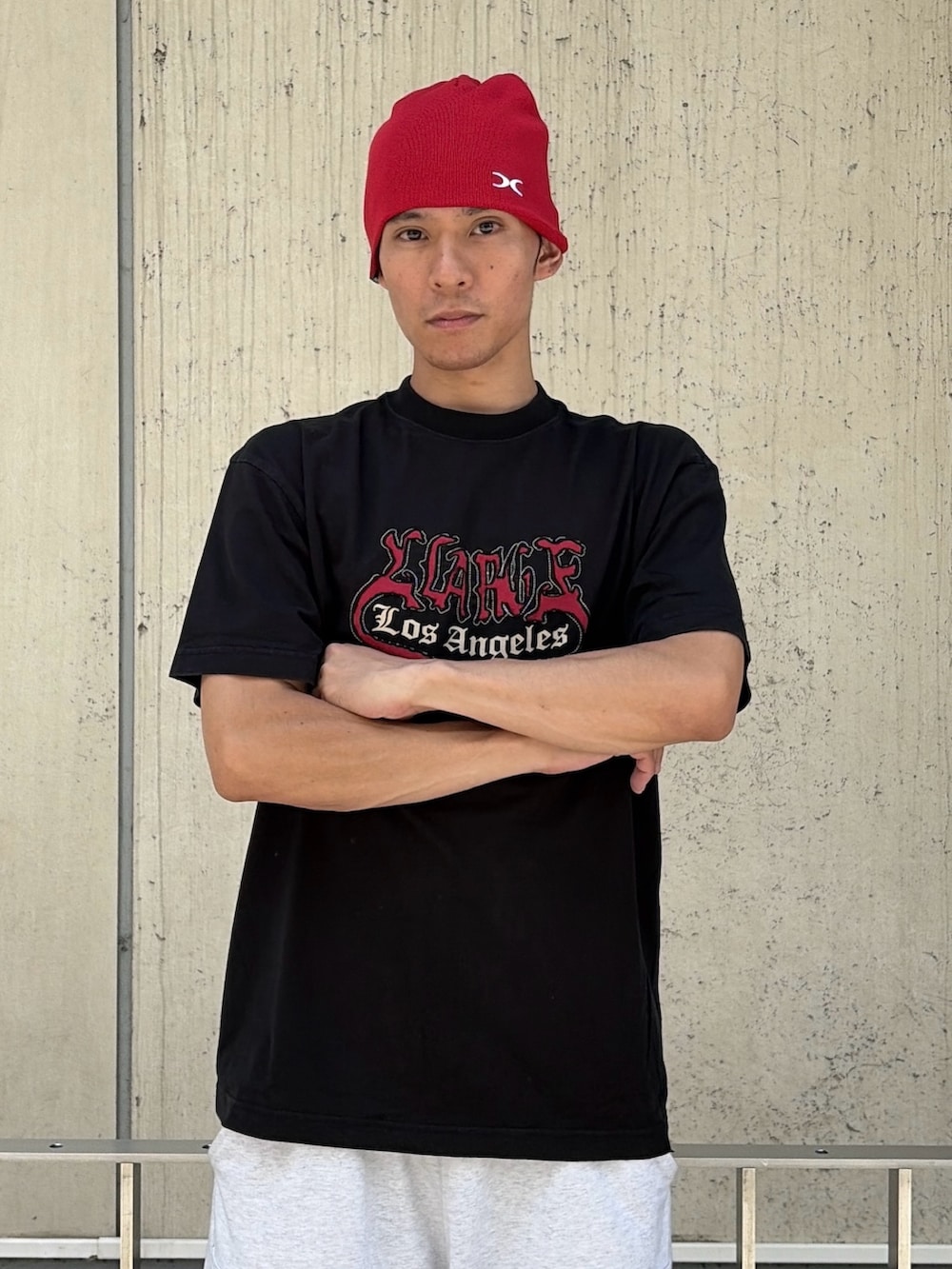 ブラック系のTシャツ/カットソー、ブラック系のパーカー、グレー系のスウェットパンツを着用したメンズの夏コーディネートの5枚目の写真