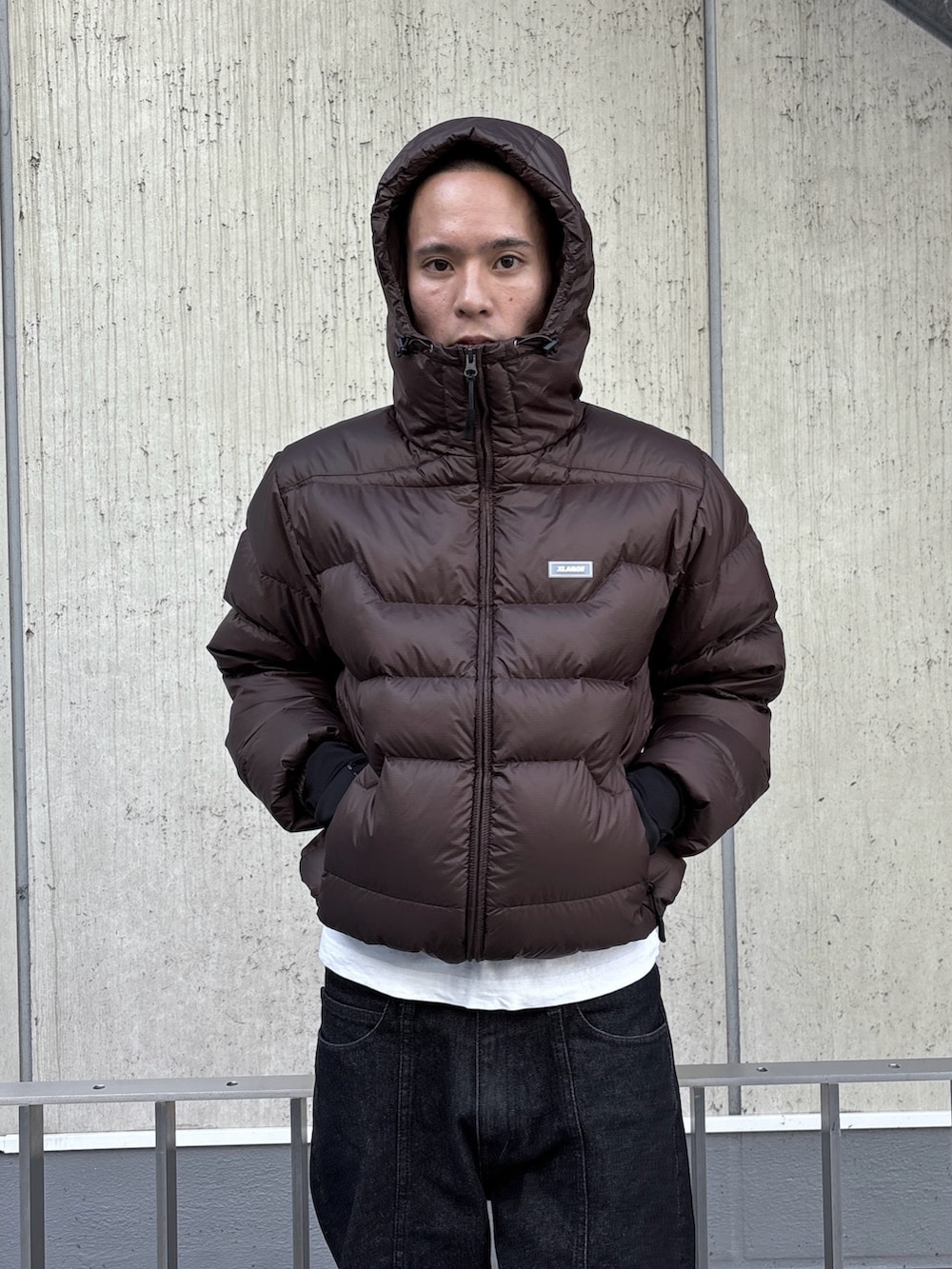 ブラウン系のダウンジャケット/コート、ブラック系のデニムパンツ、ブラック系の手袋を着用したメンズの秋コーディネートの5枚目の写真