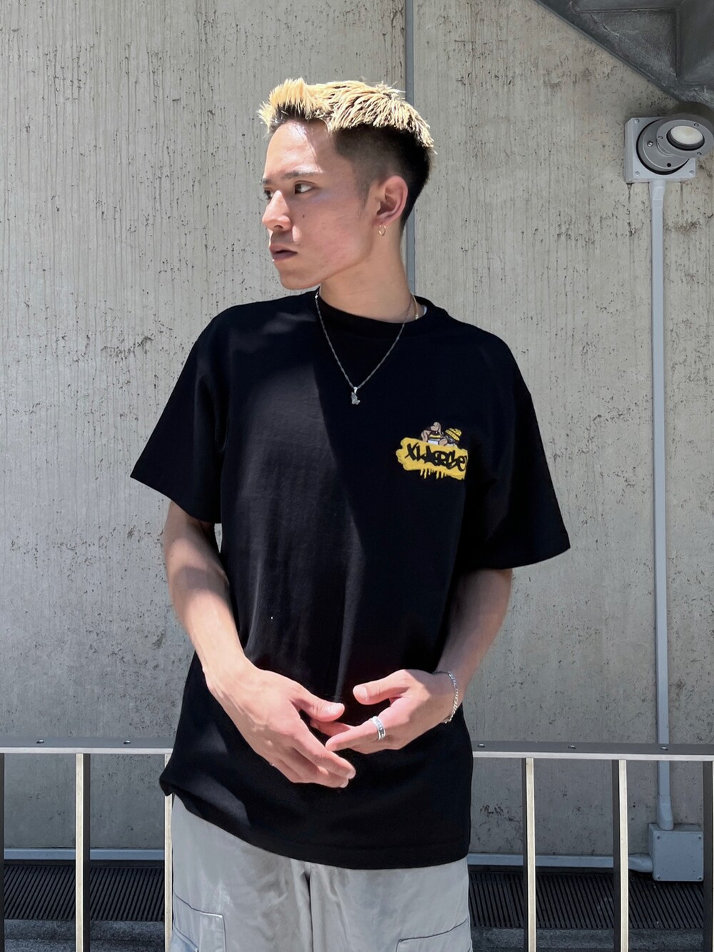 ブラック系のTシャツ/カットソー、グレー系のカーゴパンツを着用したメンズの夏コーディネートの2枚目の写真