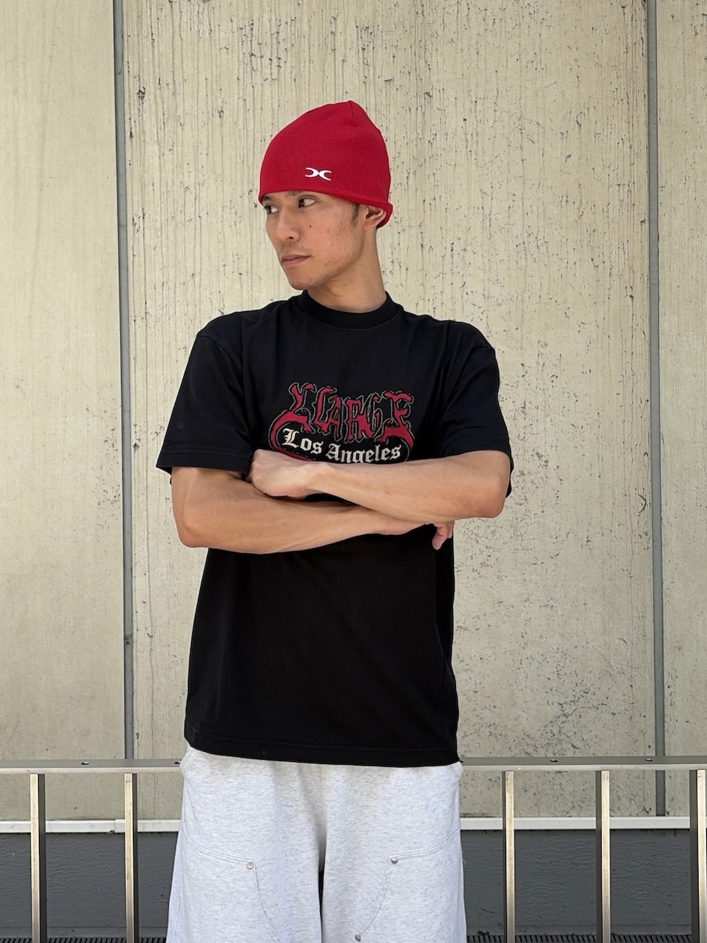 ブラック系のTシャツ/カットソー、ブラック系のパーカー、グレー系のスウェットパンツを着用したメンズの夏コーディネートの6枚目の写真