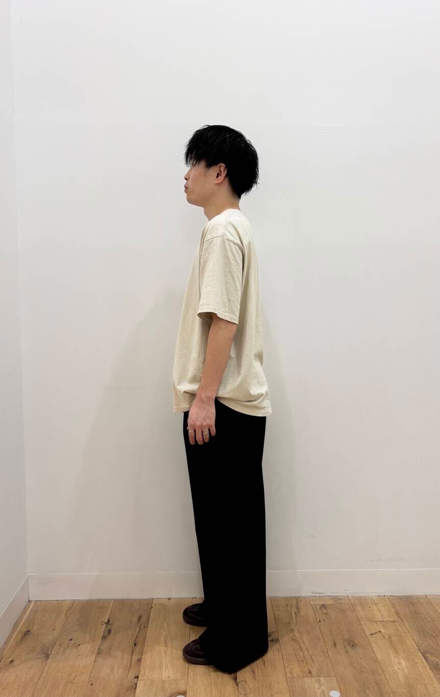 ベージュ系のTシャツ/カットソー、ブラック系のその他パンツを着用したメンズの夏コーディネートの3枚目の写真