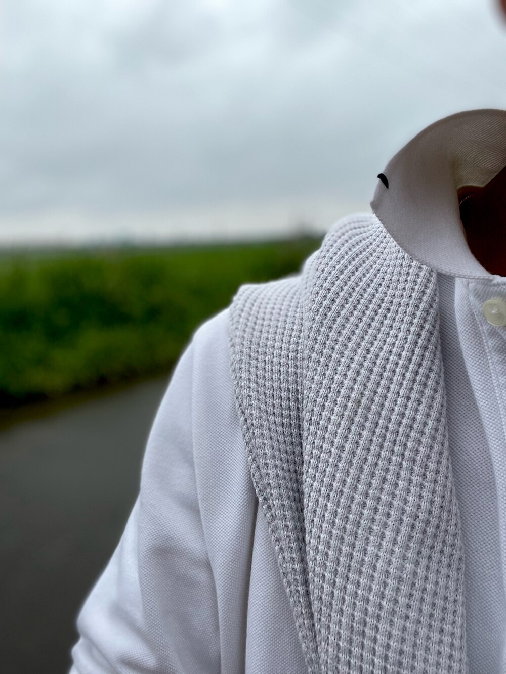 グレー系のスウェット、ホワイト系のポロシャツ、ブルー系のチノパンツを着用したメンズの春コーディネートの3枚目の写真