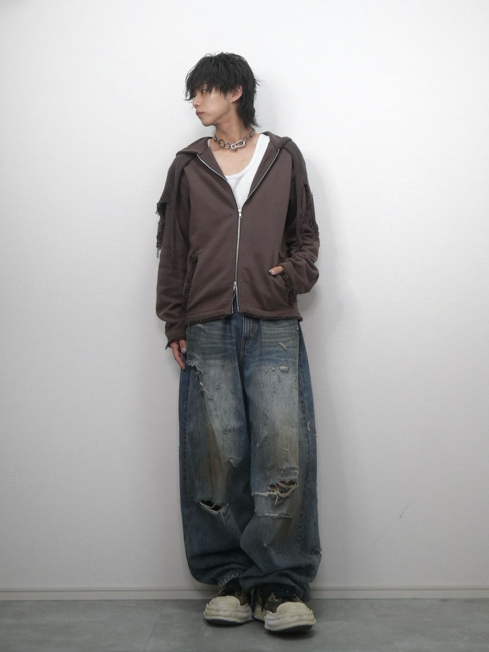 GRANCY ニットレイヤードデザインジップフーディ(グレー Sサイズ