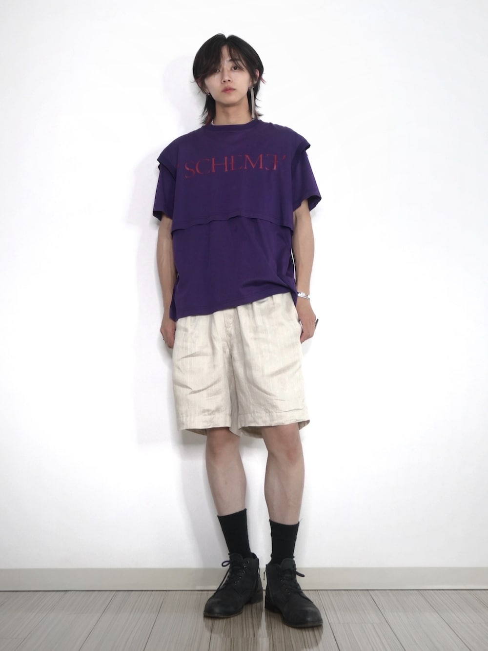 「夏だ！Tシャツ着よう！、シンプルスタイル、きれいめカジュアル、夏コーデ、休日コーデ、古着MIX、今日のコーデ、ハーフパンツ、Tシャツ、半袖シャツ、紫、パープル、TAKATO」｜「JOHN LAWRENCE SULLIVANのアイテム（Tシャツ/カットソー、パープル系）」を使った、 TAKATOさん（メンズ・172cm）の夏コーディネートの3枚目の写真