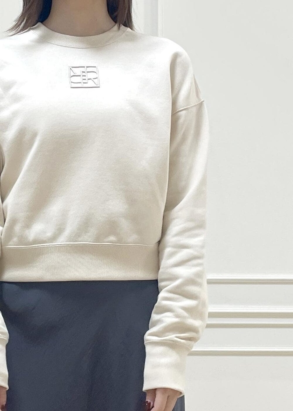 ブルー系のトートバッグ、グレー系のスカート、ベージュ系のスウェットを着用したレディースの秋コーディネートの2枚目の写真