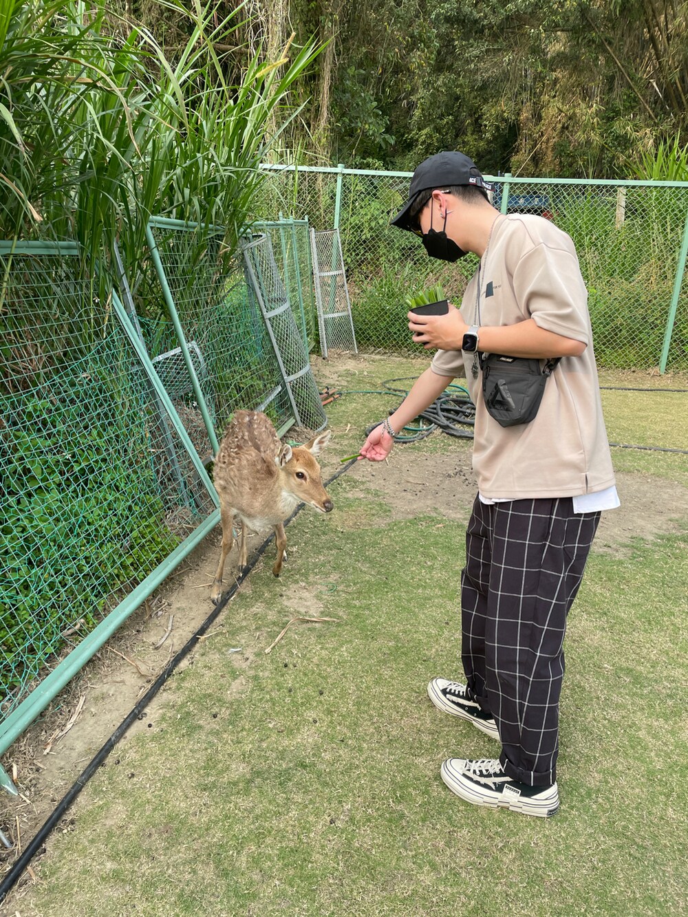 グレー系のバッグ、その他のチノパンツ、ブラック系のシューズを着用したメンズの春コーディネートの2枚目の写真