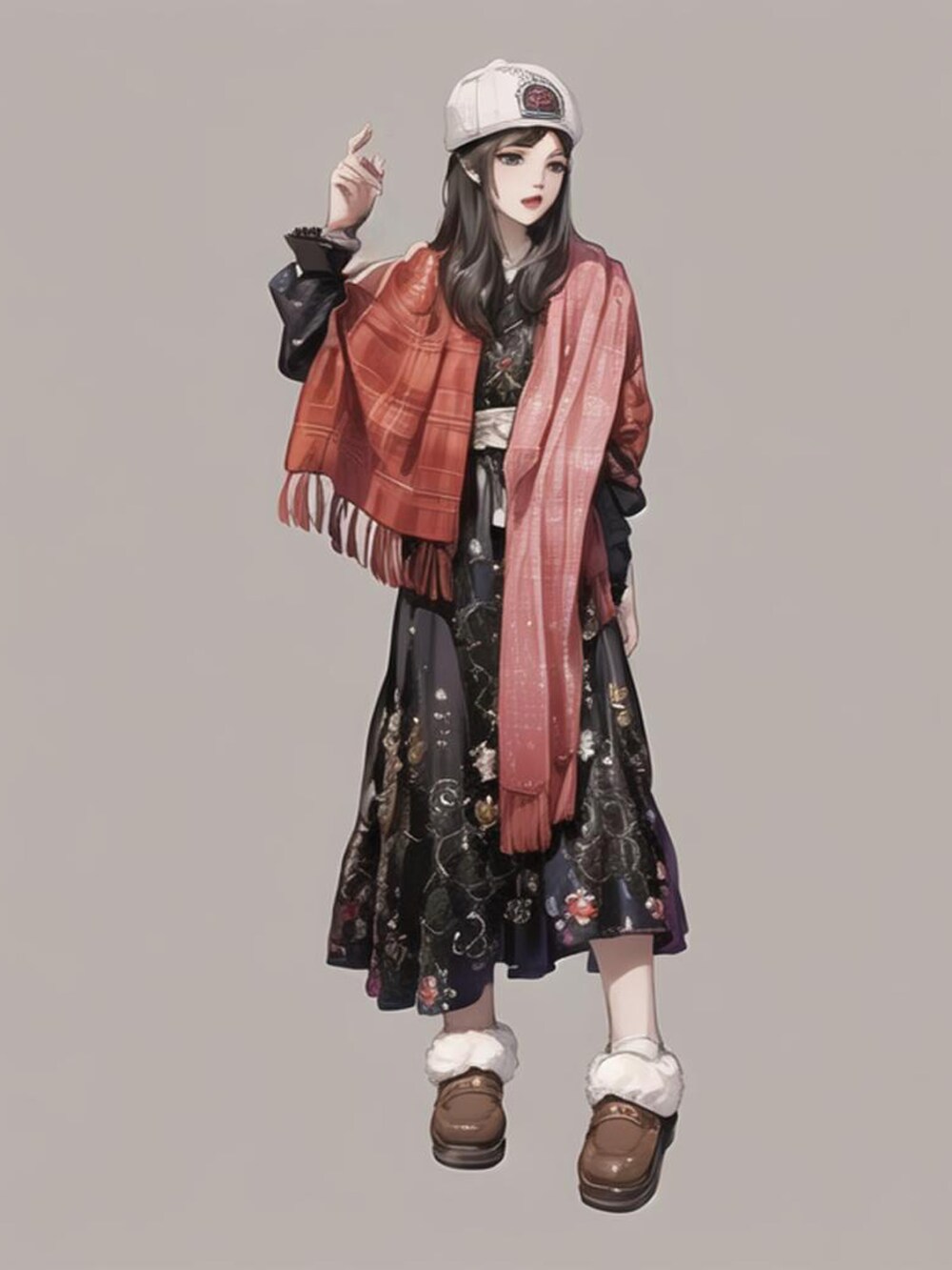 「追いコーデ、花柄、ワンピース、チェック、ストール、ムートンブーツ、ルーズソックス、ベレー帽、柄×柄、ママコーデ、カジュアルガーリー、ハッシーさんフェス、マフラーぐるぐる、ハッシーさんの嫁ッシーさんフェス」｜「fifthのウール混ベレー帽（ハンチング/ベレー帽、グレー系）」を使った、yu.さん（レディース・161cm）の冬コーディネートの3枚目の写真