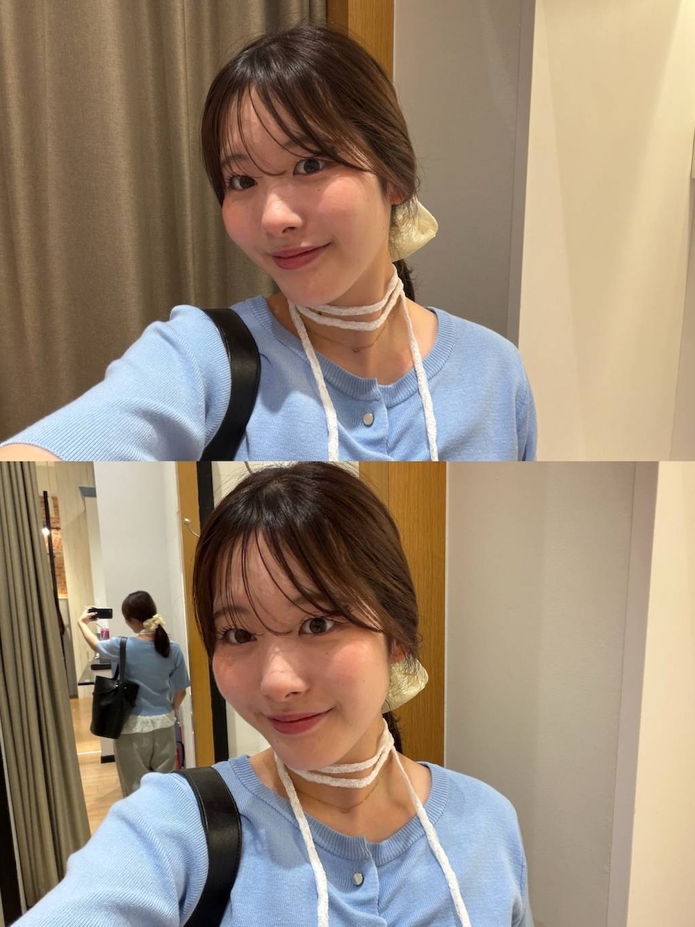 グレー系のスウェットパンツ、ブラック系のショルダーバッグ、ホワイト系のキャミソールを着用したレディースの春コーディネートの2枚目の写真