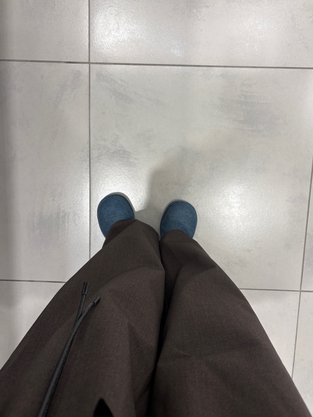 ブラック系のシャツ/ブラウス、ブラウン系のその他パンツ、ブルー系のサンダルを着用したレディースの冬コーディネートの4枚目の写真