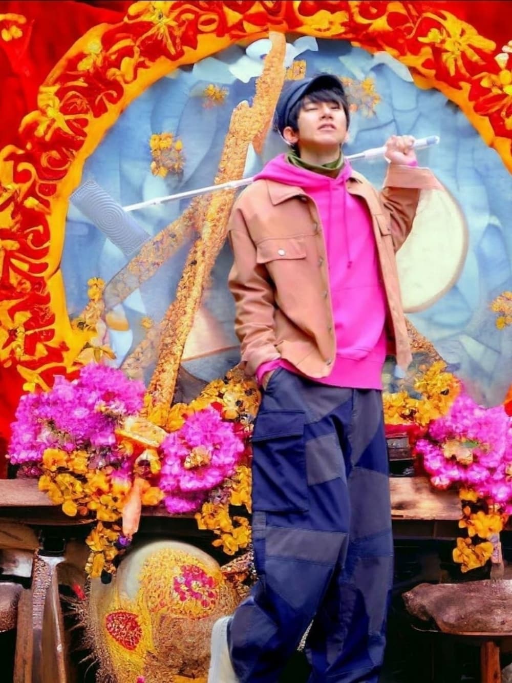 オレンジ系のブルゾン、ピンク系のパーカー、ブラック系のカーゴパンツを着用したメンズの冬コーディネートの5枚目の写真