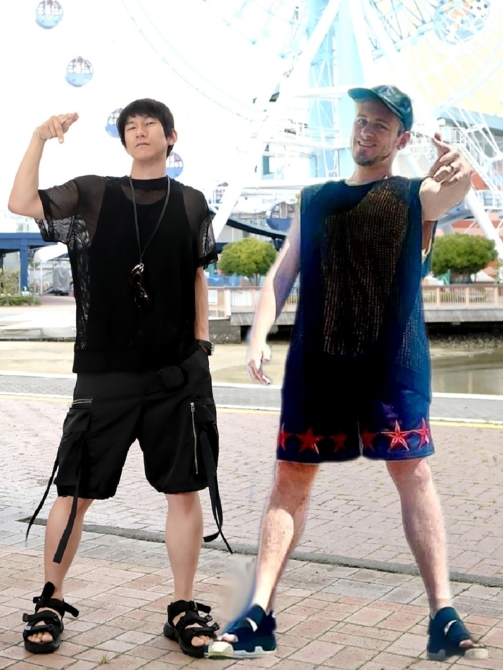 ブラック系のTシャツ/カットソー、ブラック系のその他パンツ、ブラック系のサンダルを着用したメンズの夏コーディネートの2枚目の写真