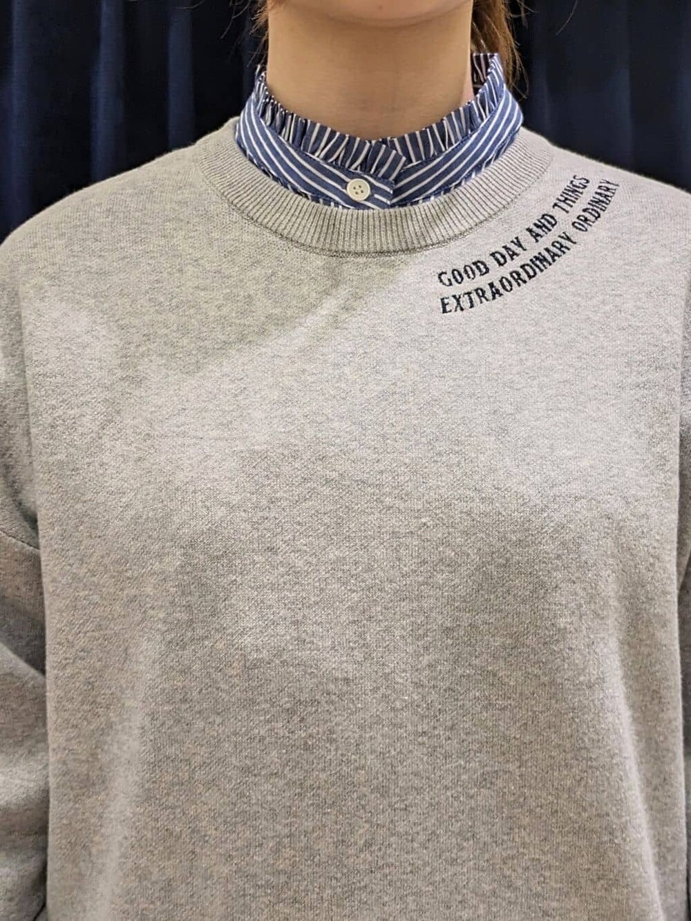 ブルー系のシャツ/ブラウス、グレー系のニット/セーター、ブルー系のその他パンツを着用したレディースの冬コーディネートの4枚目の写真