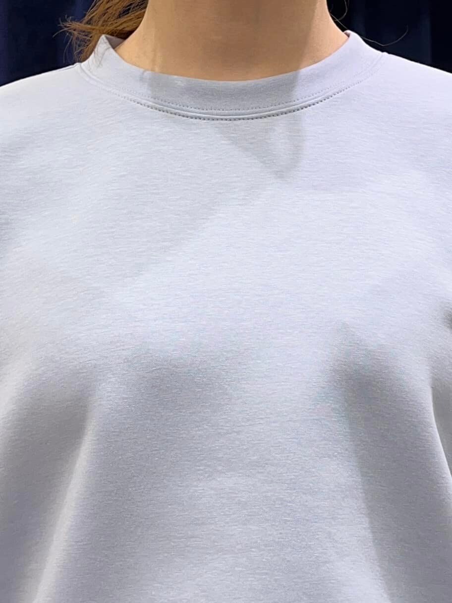 ブルー系のTシャツ/カットソー、グレー系のその他パンツ、グレー系のトートバッグを着用したレディースの春コーディネートの4枚目の写真