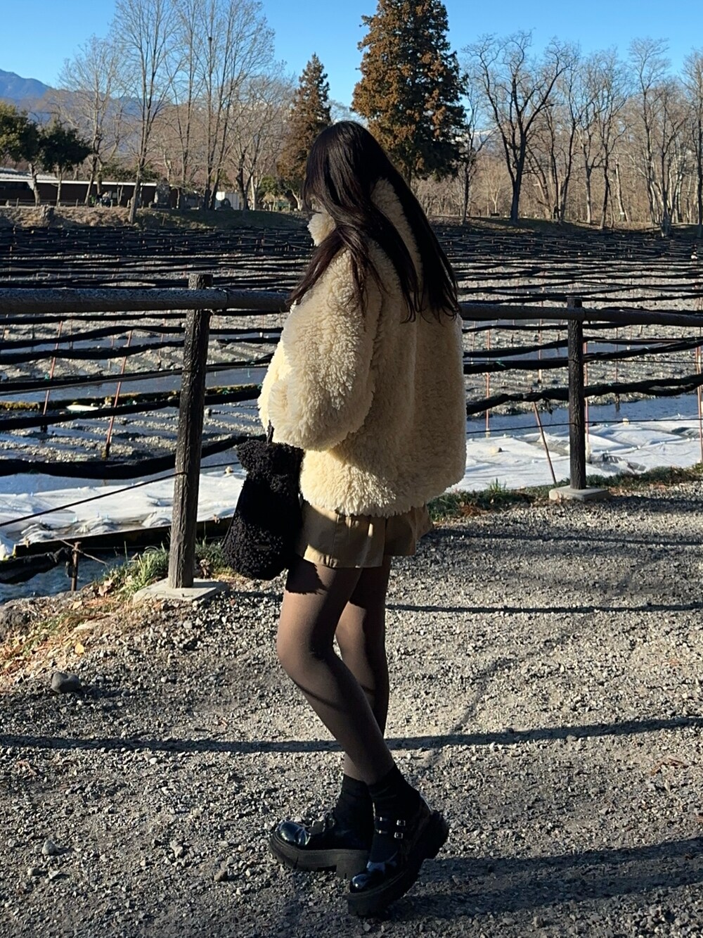 ベージュ系のその他アウター、ブラック系のハンドバッグ、ブラック系のパンプスを着用したレディースの冬コーディネートの2枚目の写真