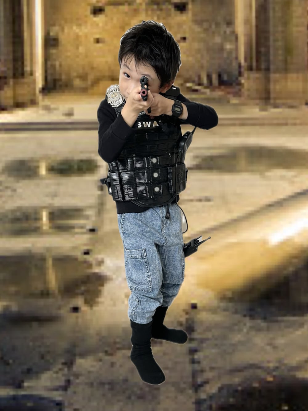 ブラック系のスウェット、ブルー系のパンツ、ブラック系のサングラスを着用したキッズの秋コーディネートの2枚目の写真