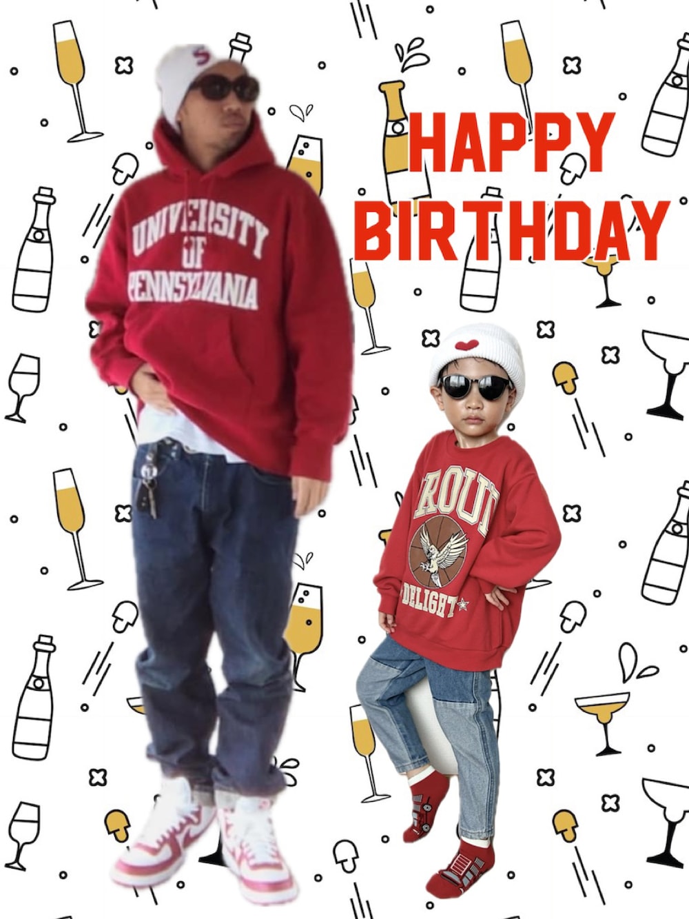 ブルー系のデニムパンツ、レッド系のスウェット、ホワイト系のニットキャップ/ビーニーを着用したキッズの冬コーディネートの2枚目の写真