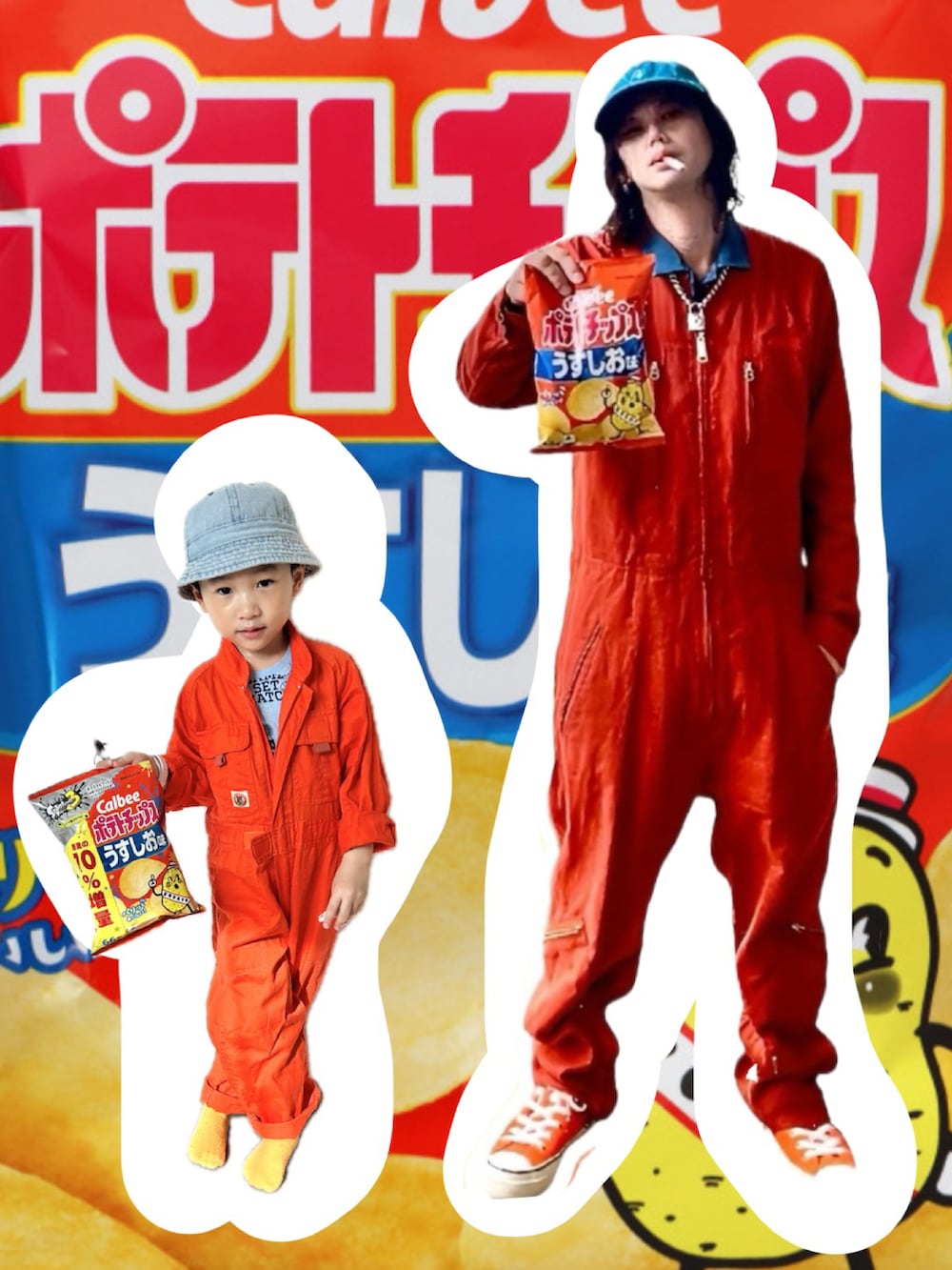 オレンジ系のつなぎ/オールインワン、ブルー系のTシャツ/カットソー、オレンジ系のその他を着用したキッズの春コーディネートの2枚目の写真