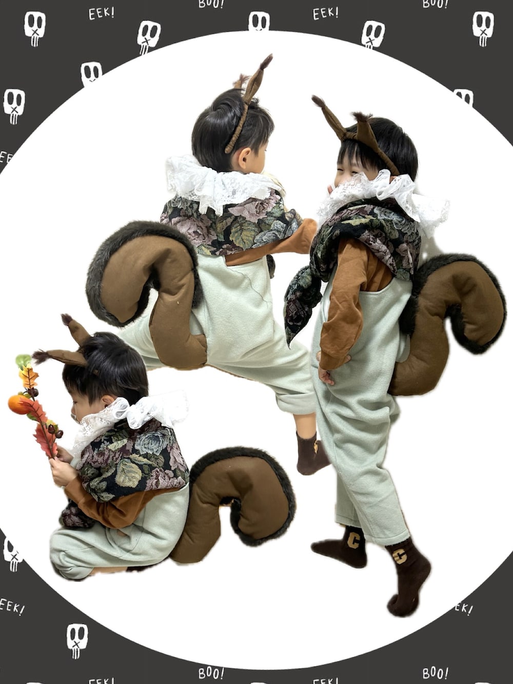 グリーン系のサロペット/オーバーオール、ホワイト系の付け襟、ブラウン系のファッション雑貨を着用したキッズの秋コーディネートの4枚目の写真