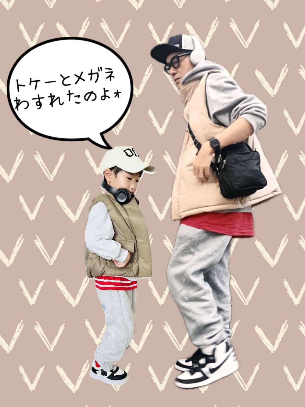 グレー系のスウェットパンツ、レッド系のTシャツ/カットソー、グレー系のスウェットを着用したキッズの秋コーディネートの2枚目の写真