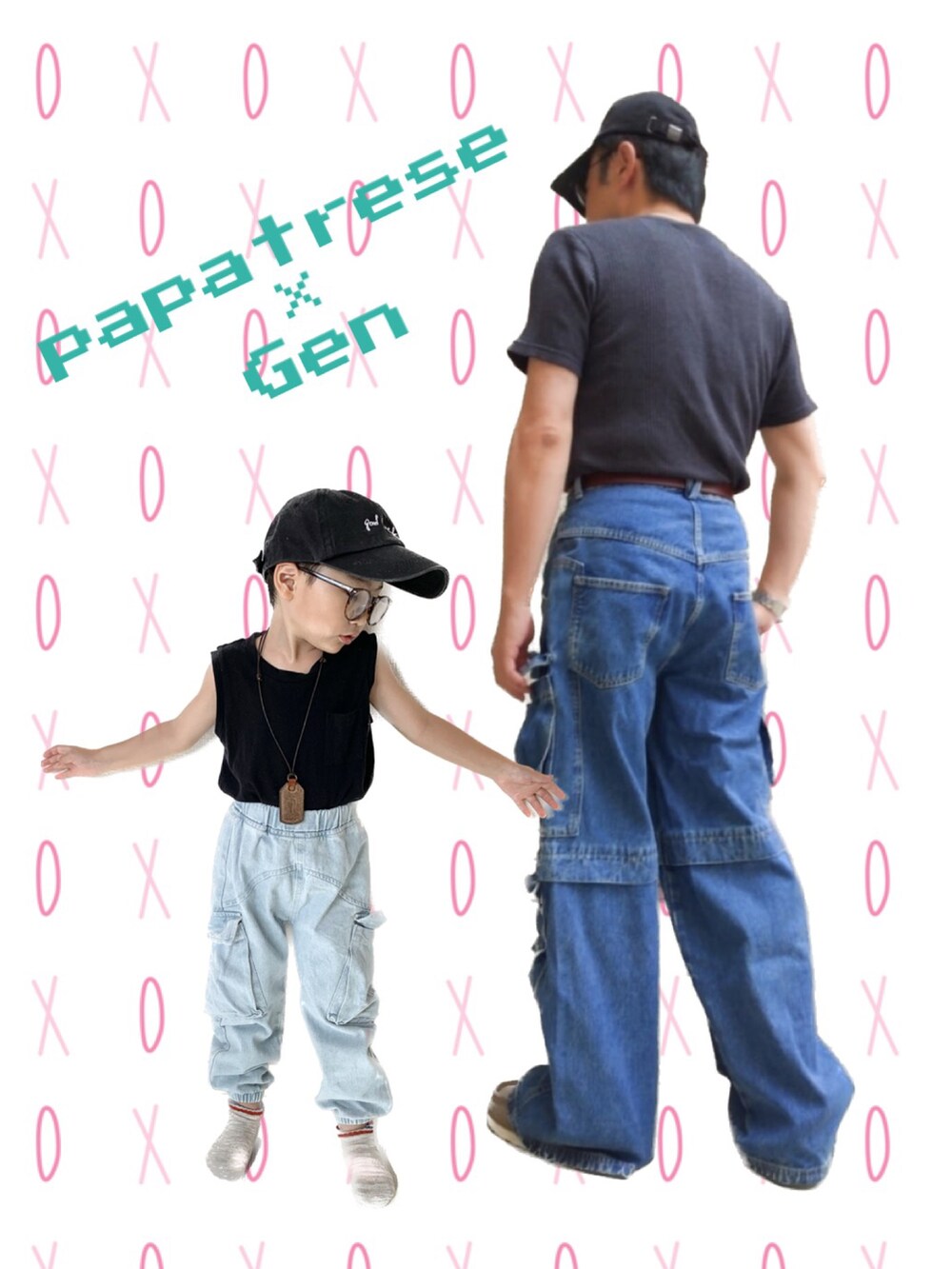 ブルー系のデニムパンツ、ブラック系のタンクトップ、ブラック系のキャップを着用したキッズの夏コーディネートの2枚目の写真