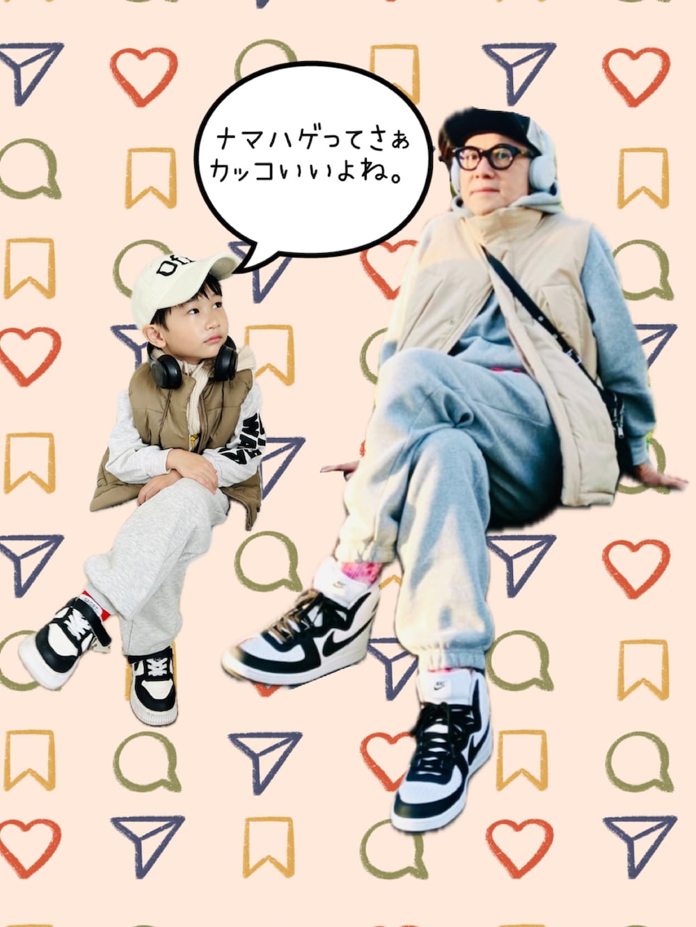 グレー系のスウェットパンツ、レッド系のTシャツ/カットソー、グレー系のスウェットを着用したキッズの秋コーディネートの3枚目の写真