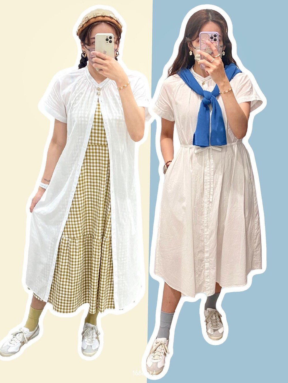 ホワイト系のシャツワンピースを着用したレディースの夏コーディネートの2枚目の写真